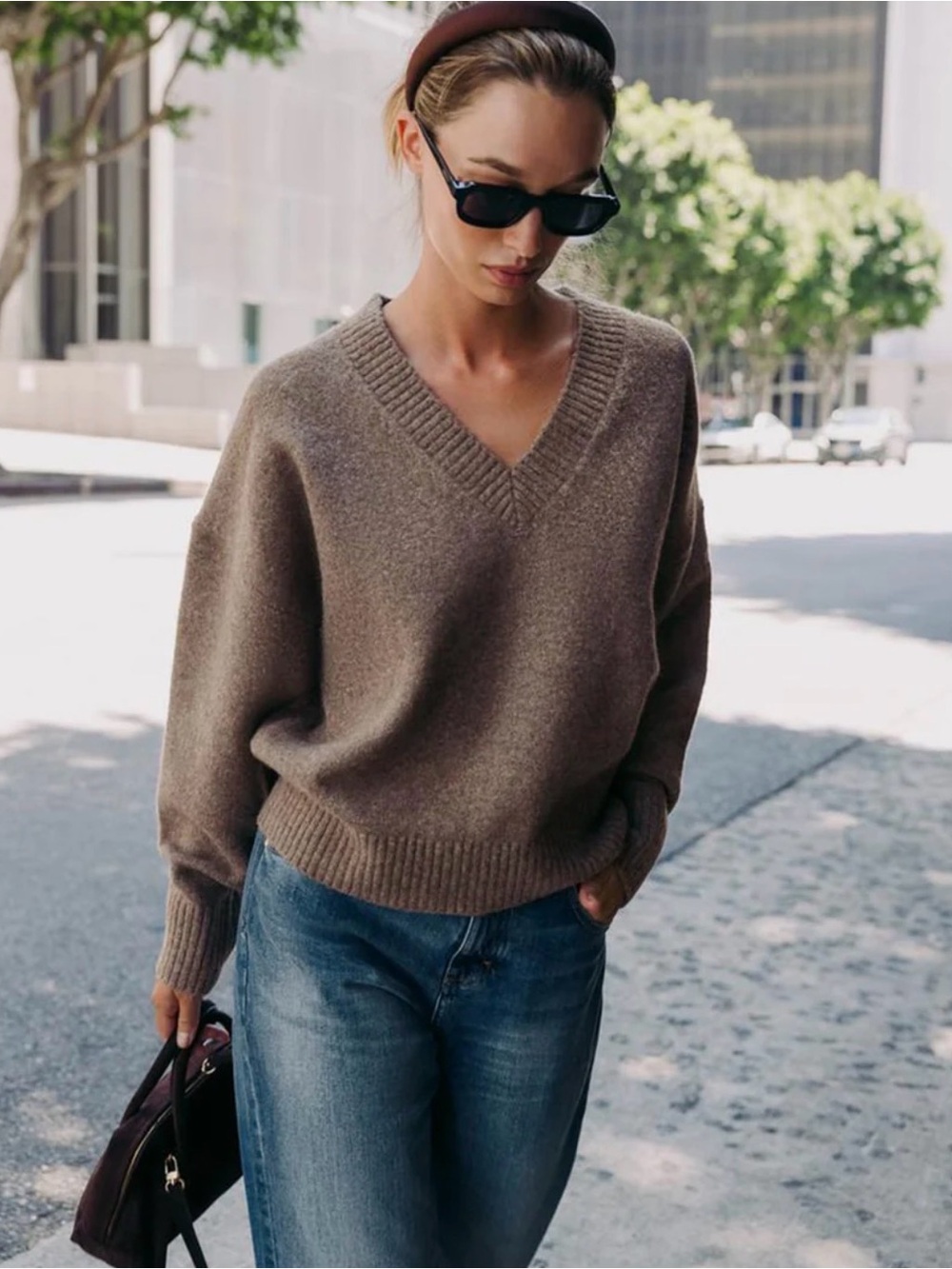 Zara Oversized Wool Blend V Neck Sweater Taupe Brown Slouchy Minimalist Quiet M